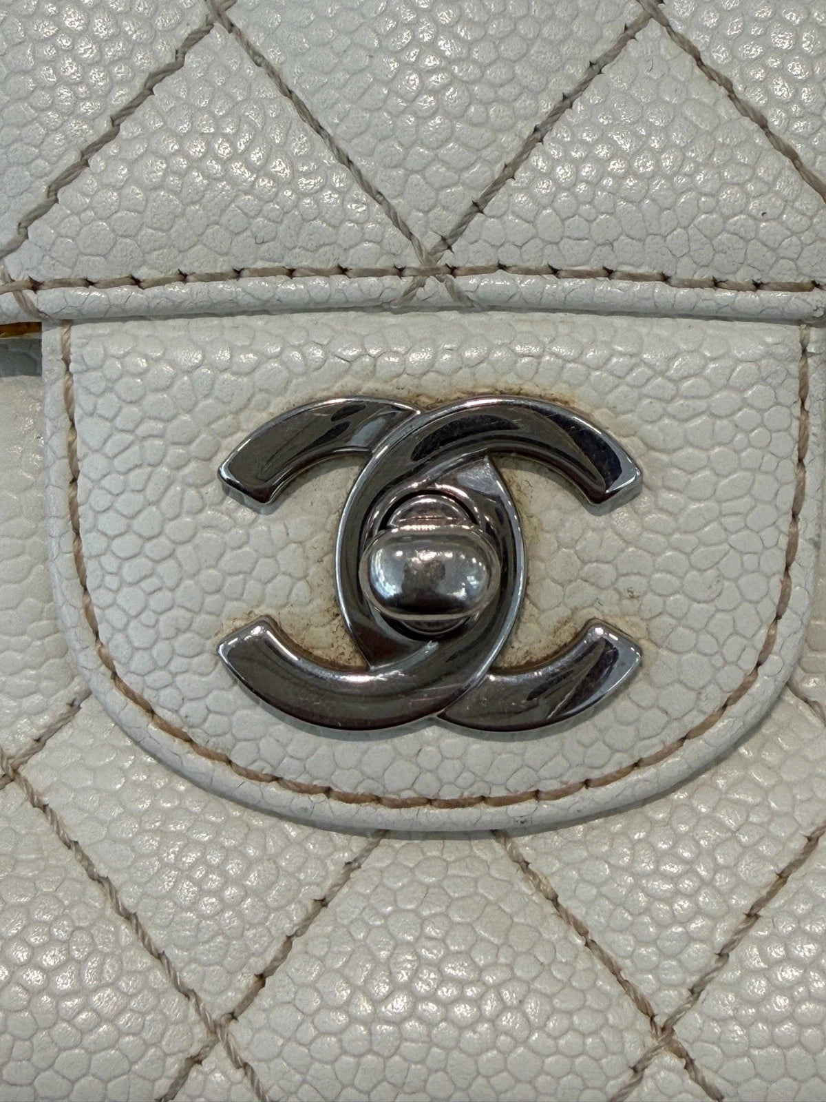 Authentic Chanel Classic Flap Silver Chain White Shoulder Bag Diamond Turnlock