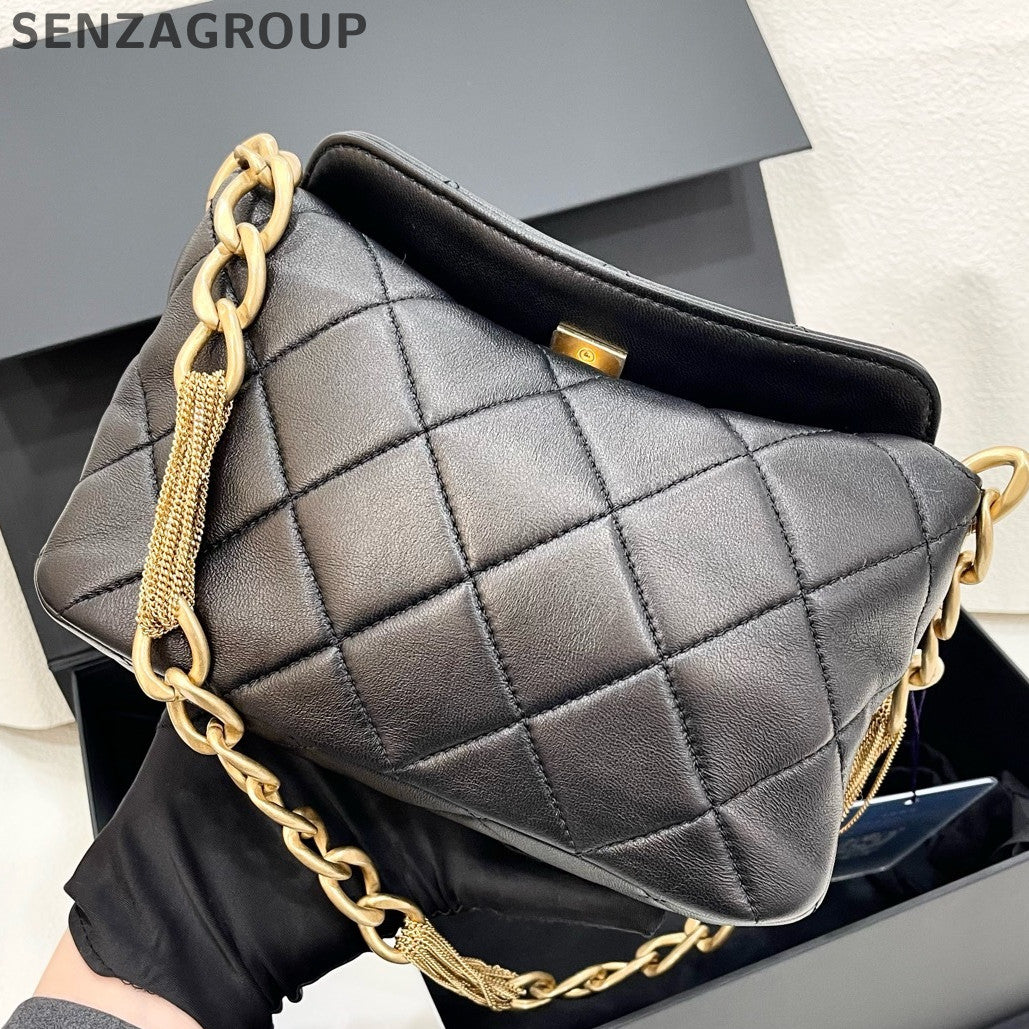 Chanel Fringe Chain Hobo Shoulder Bag Black Gold Classic Fashion Women