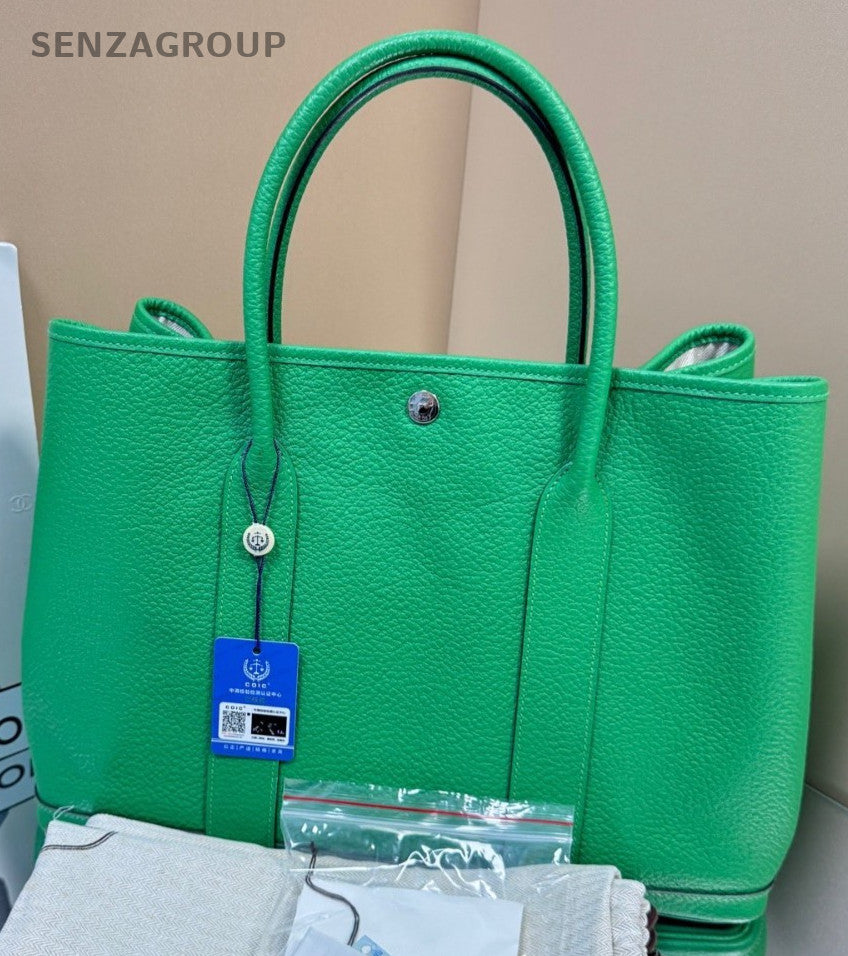 Hermes Garden 36 Silver Metal Top Handle Bag Green Women Designer Canvas