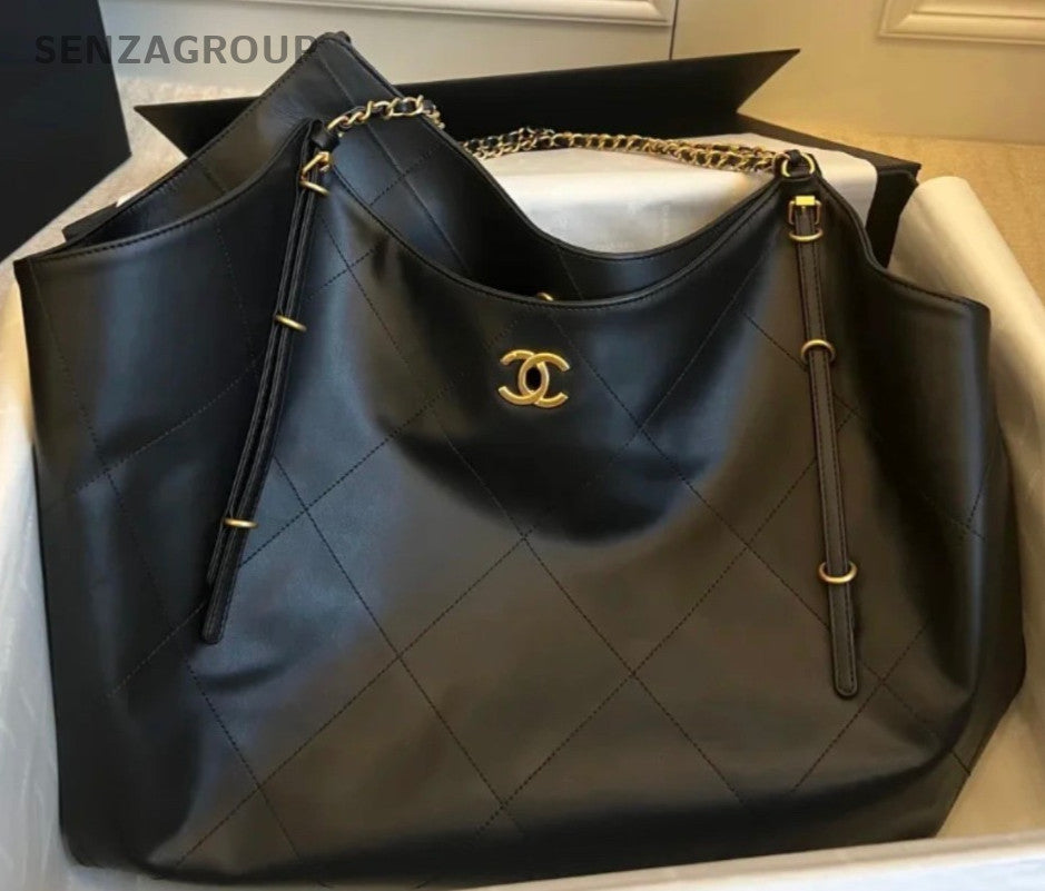 Chanel 25S Maxi Tote Calfskin Chain Shoulder Bag Black Gold Women Classic