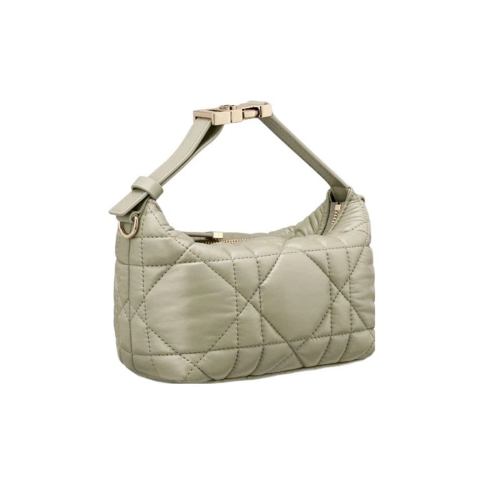 Dior Women Solid Large Checkered Leather Zipper Lunch Box Shoulder Bag