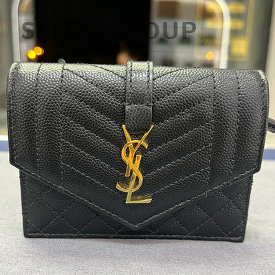 Saint Laurent Black Gold Leather Envelope Cardholder Wallet Women's Classic