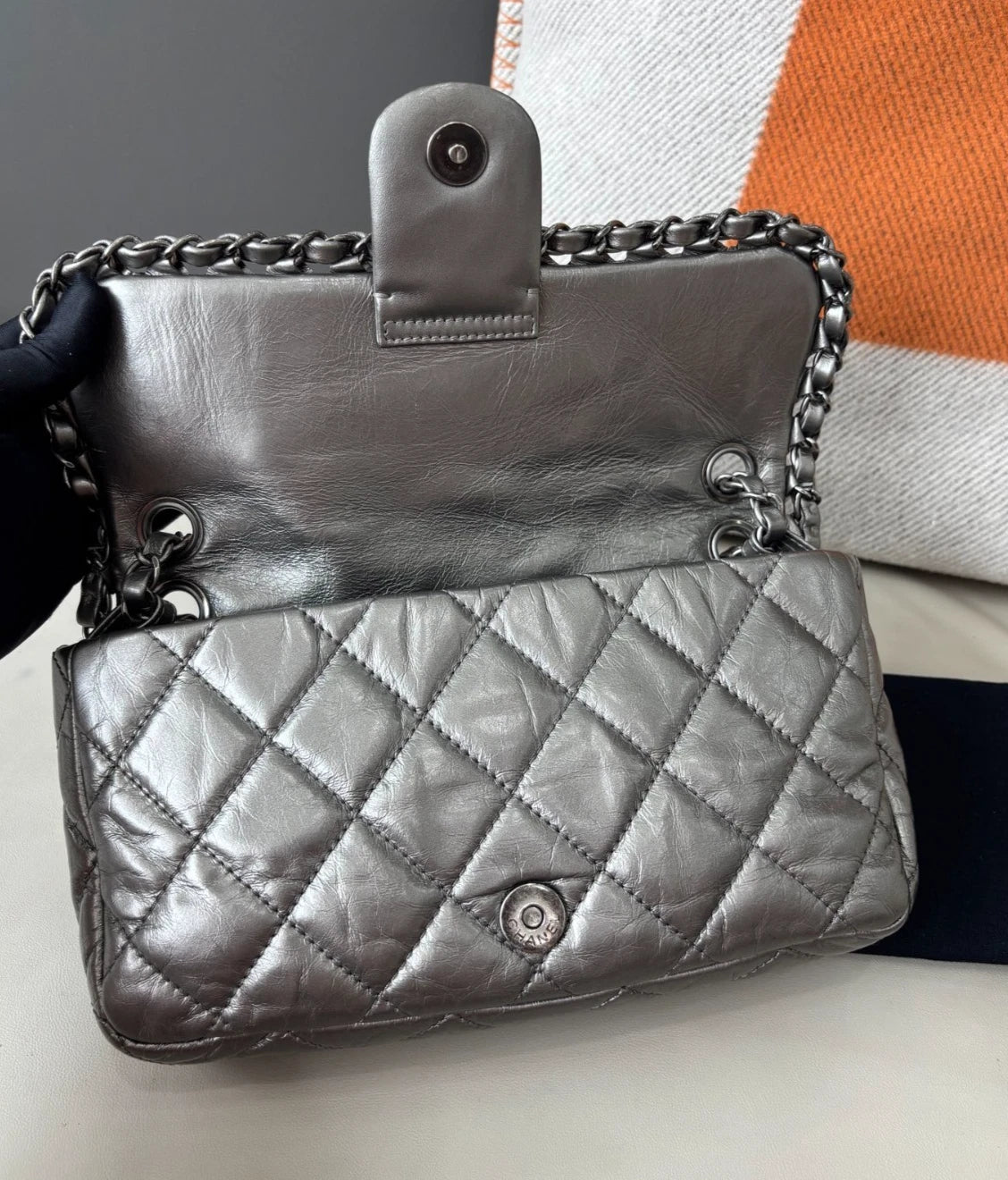 Chanel Classic Flap Calfskin Chain Shoulder Bag Silver Women