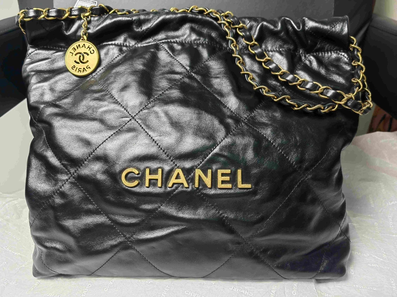 CHANEL 22 Bag Black Gold Medium Tote Shoulder Bag for Women