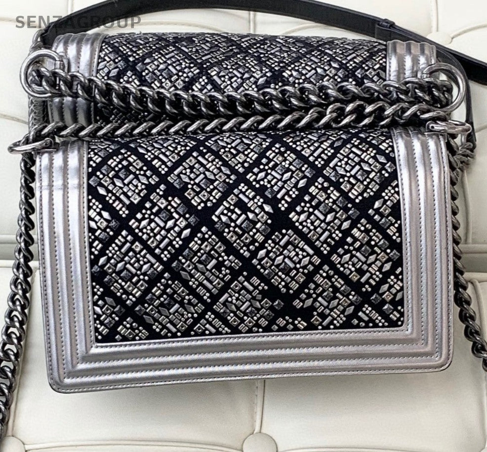 Chanel Leboy MM Calfskin Chain Black Silver Shoulder Bag Crossbody Women Classic