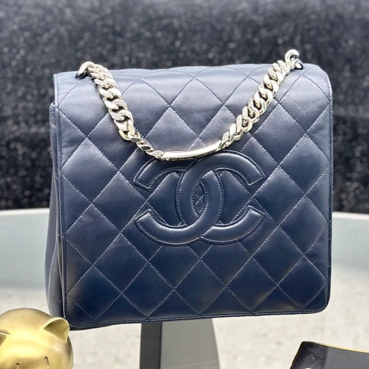 Chanel Lambskin Chain 2Ways Top Handle Shoulder Bag Navy Silver Women S