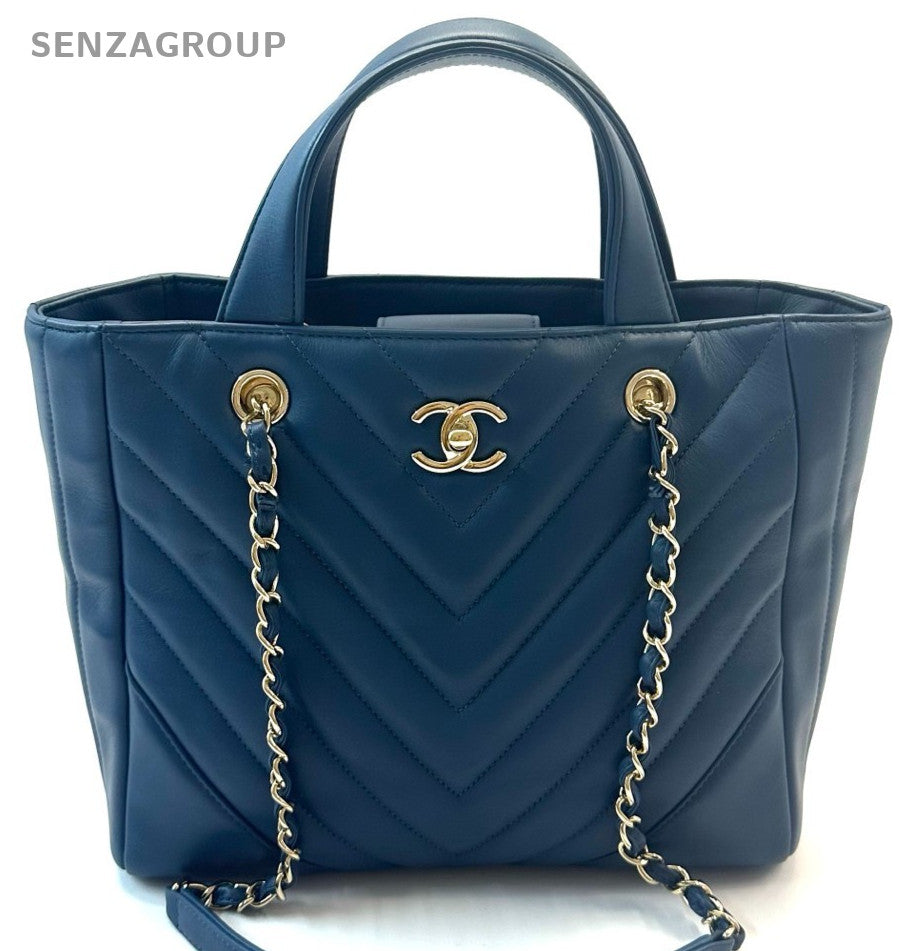 Chanel 17B Calfskin Tote Handbag Chain Shoulder Bag Blue Gold Women Classic