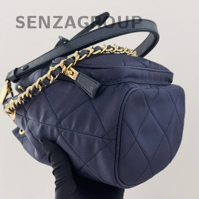 Prada Duet Re-Nylon Mini Bucket Bag Blue Gold Chain Shoulder Bag