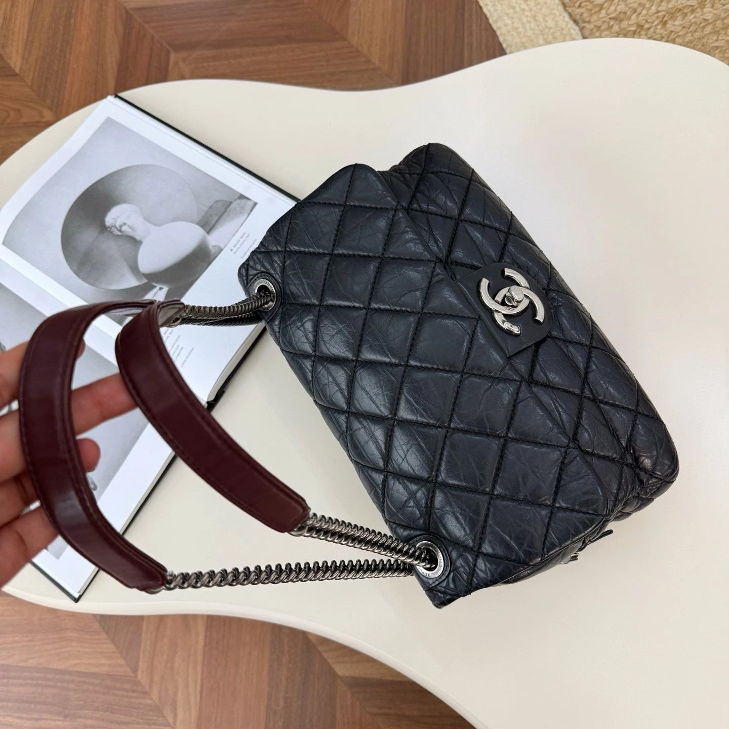 Chanel Classic Flap Diamond Calfskin Chain Shoulder Bag Black Silver Used Women