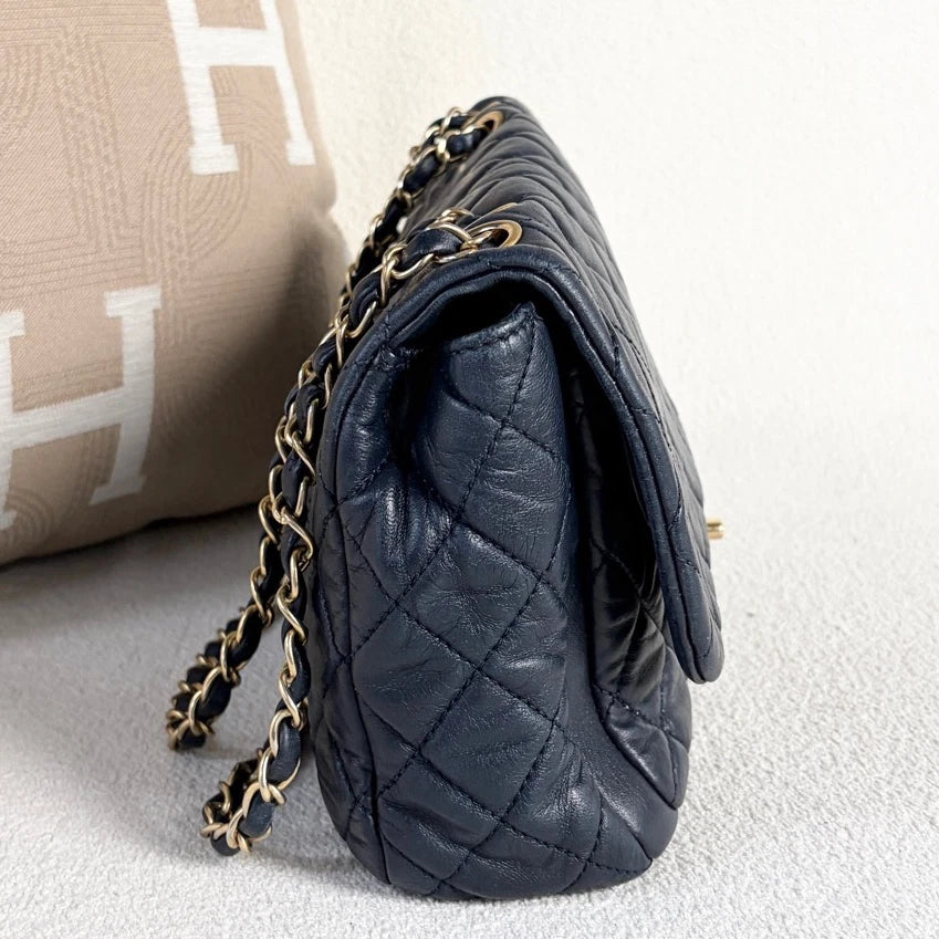 Chanel Classic Flap Chain Lambskin Shoulder Crossbody Blue Gold Women Diamond