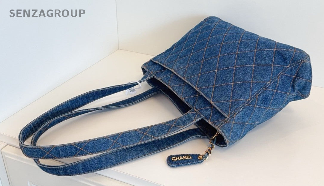 CHANEL Vintage Tote Denim Diamond Pattern Shoulder bag Blue Limited Edition