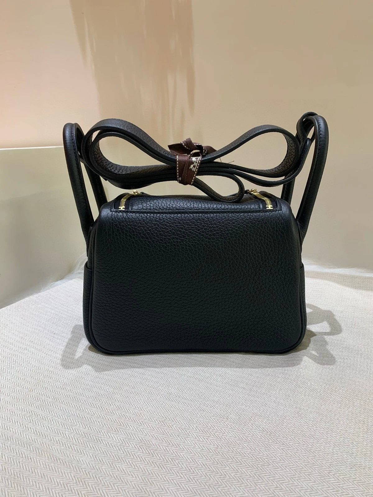 Hermes Mini Lindy Black Gold TC Leather Top Handle Bag For Women