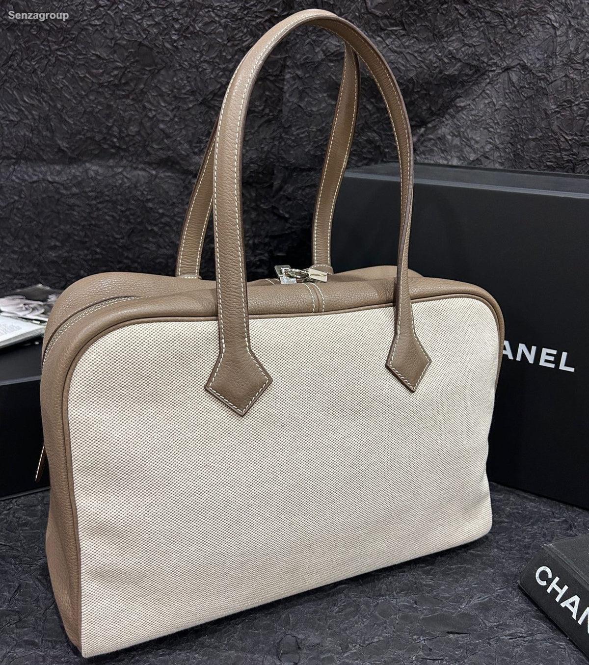 Hermes Victoria35 Top Handle Bag Canvas Beige Brown Silver Used Women Classic