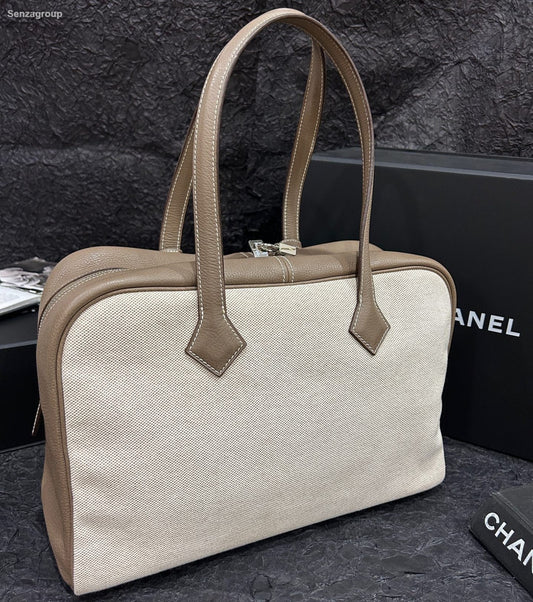 Hermes Victoria35 Top Handle Bag Canvas Beige Brown Silver Used Women Classic