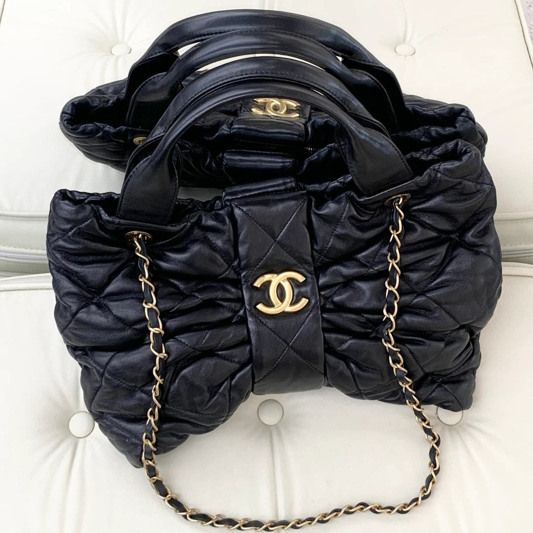 Chanel Lambskin MM 2Ways Top Handle Shoulder Bag Black Gold Hardware Women S