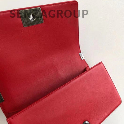 Chanel Le Boy Medium Red Silver Hardware Lambskin Quilted Chain Shoulder Bag