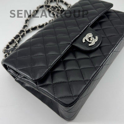 Chanel Classic Flap Black Silver Medium Lambskin Shoulder Crossbody Bag