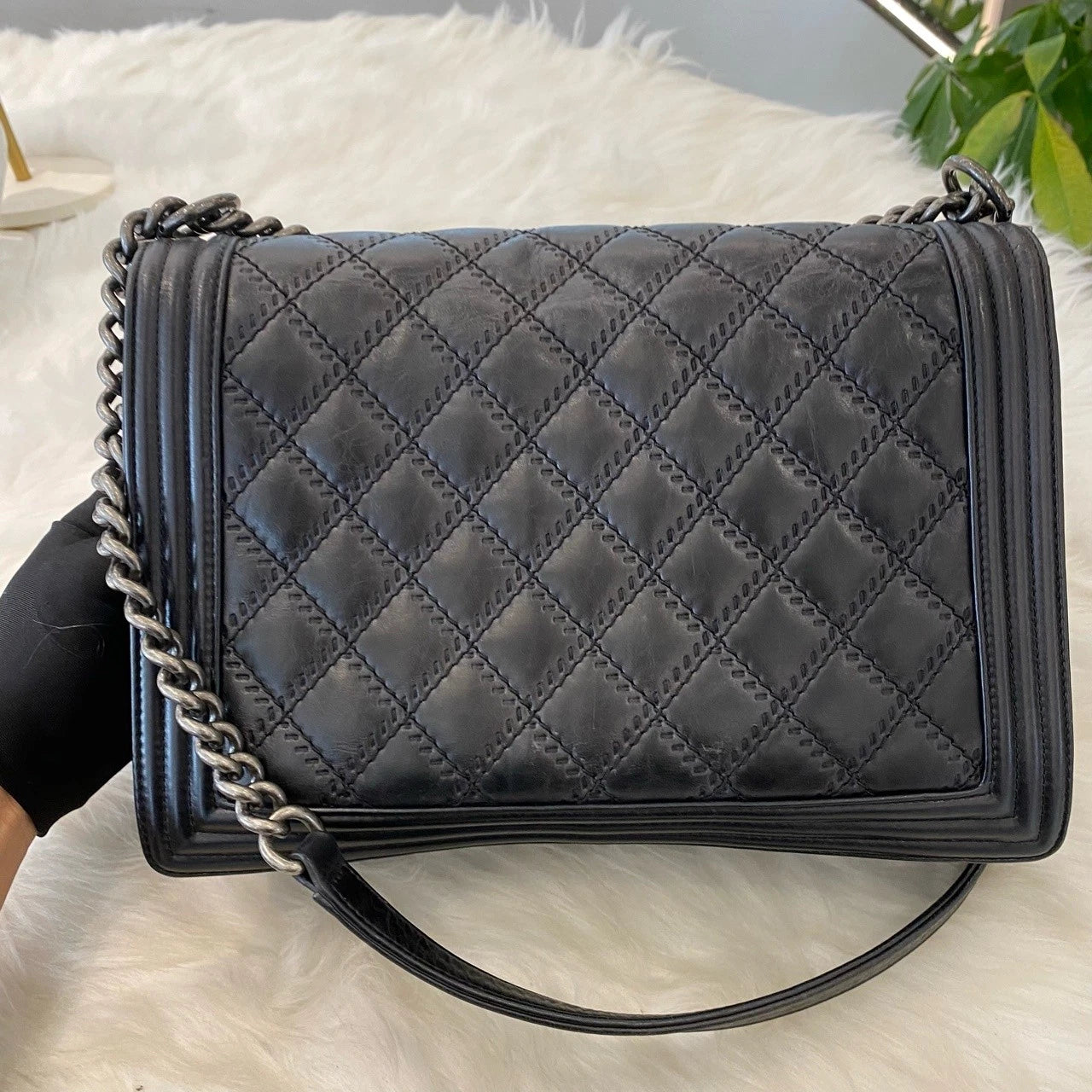 Chanel Le Boy Large Chain Shoulder Bag Black Silver Quilted Classic