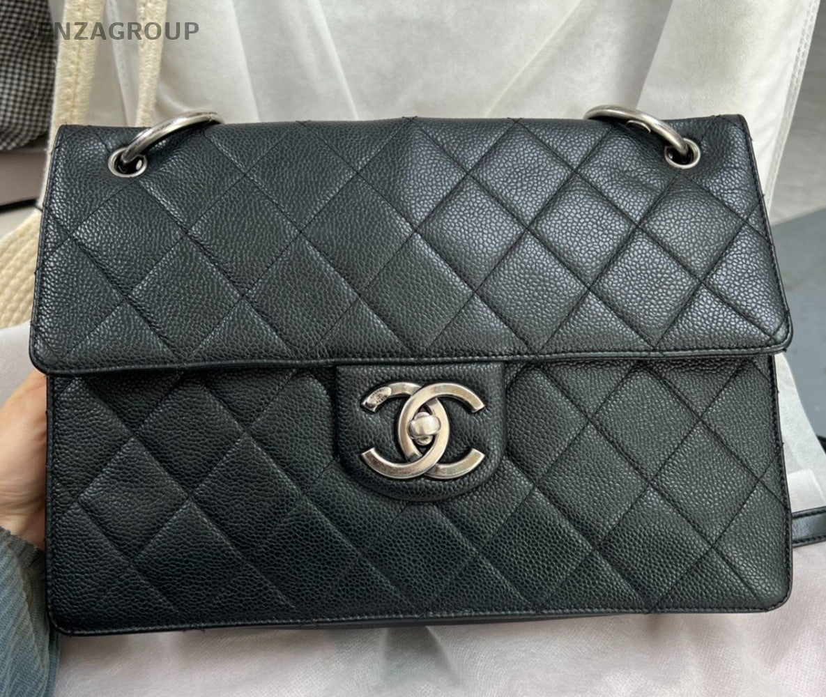Chanel Diamond Calfskin Chain Shoulder Bag Black Silver Women Classic