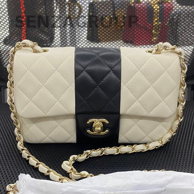 Chanel Classic Flap Mini White & Black Gold Hardware Lambskin Chain Bag