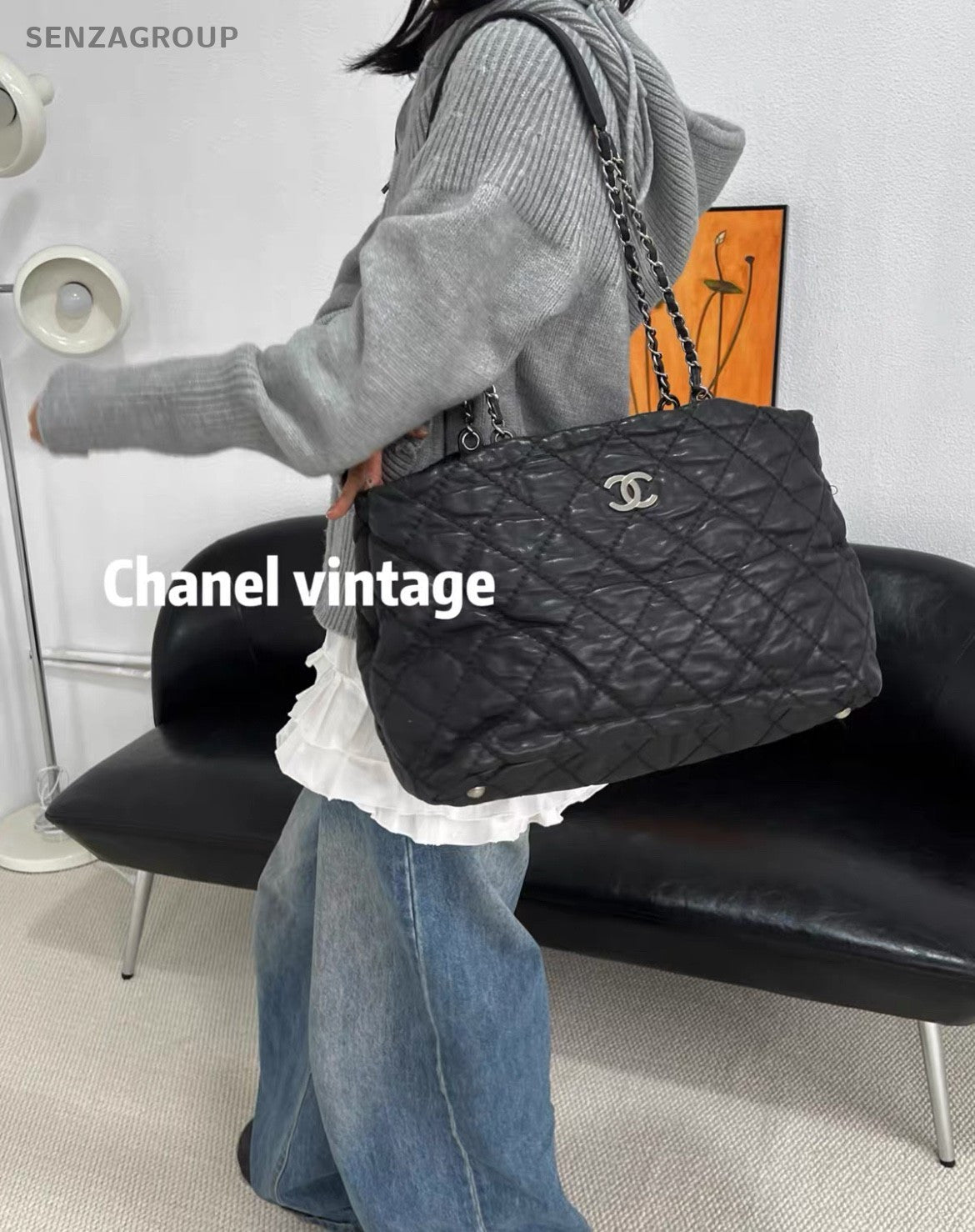CHANEL Puffer Tote Calfskin Chain Shoulder bag Black Silver Women Classic
