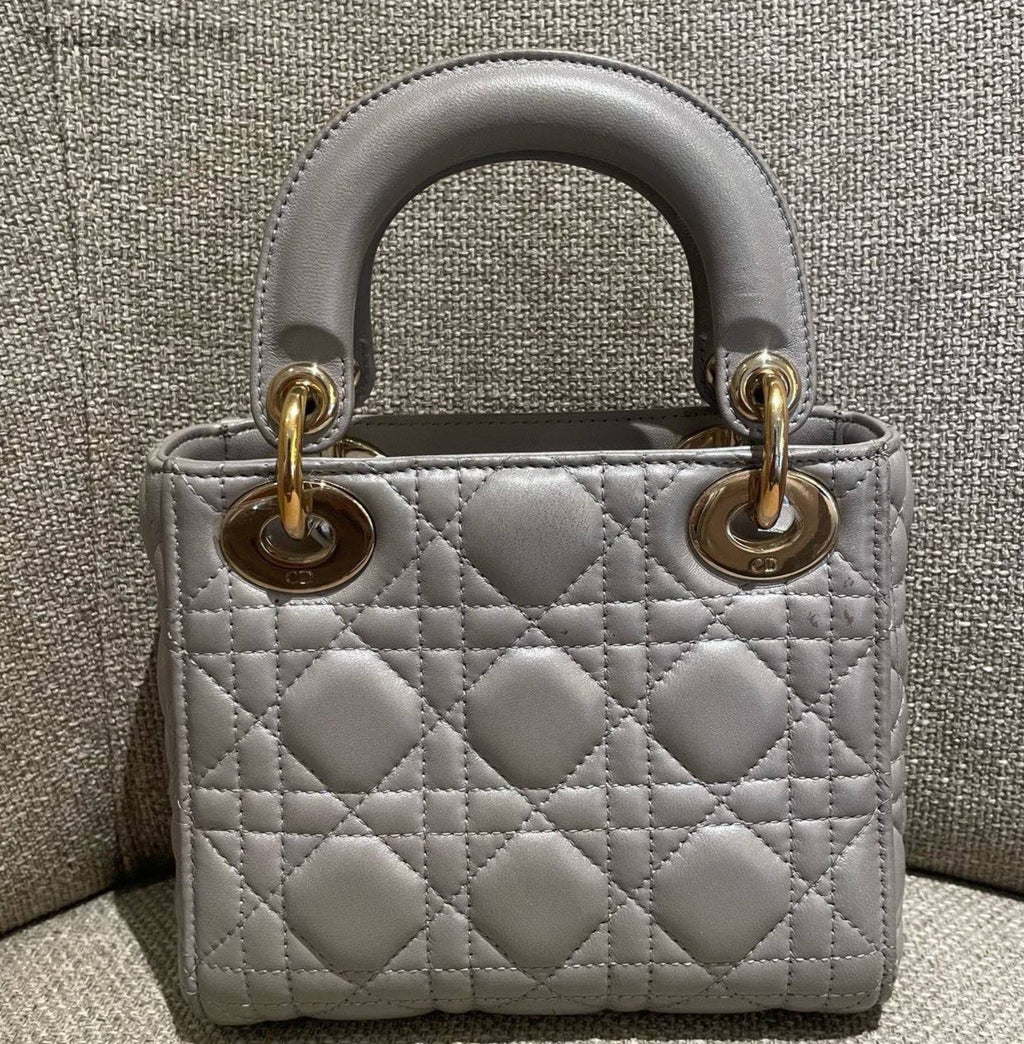 Christian Dior Lady Dior Chain Crossbody Top Handle Bag Gray Gold Women Fashion