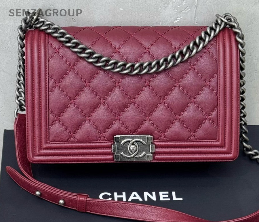 Chanel Leboy MM Chain Shoulder Bag Red Silver Diamond Women Classic Designer
