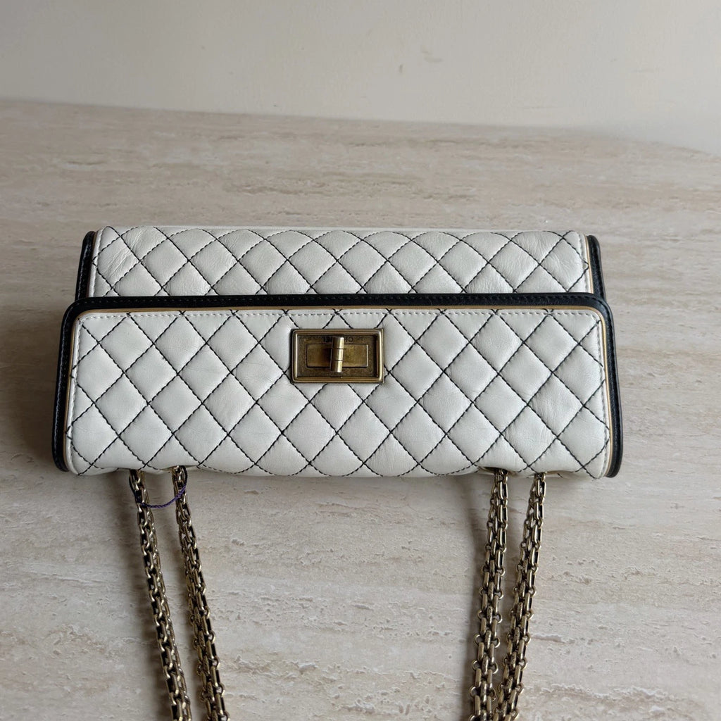 Chanel 2.55 Diamond Baguette Gold Chain Shoulder Bag in White Leather