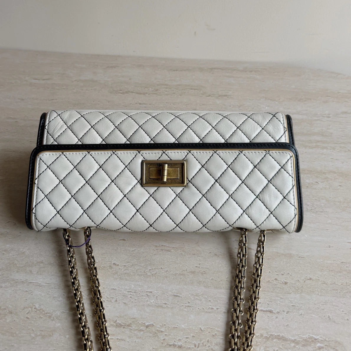 Chanel 2.55 Diamond Baguette Gold Chain Shoulder Bag in White Leather