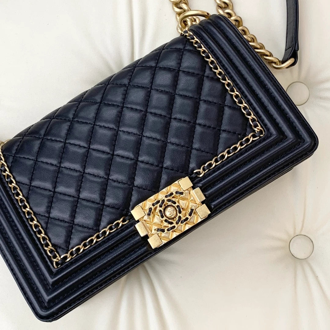 Chanel Leboy MM Chain Shoulder Bag Crossbody Black Gold Diamond Women Classic S