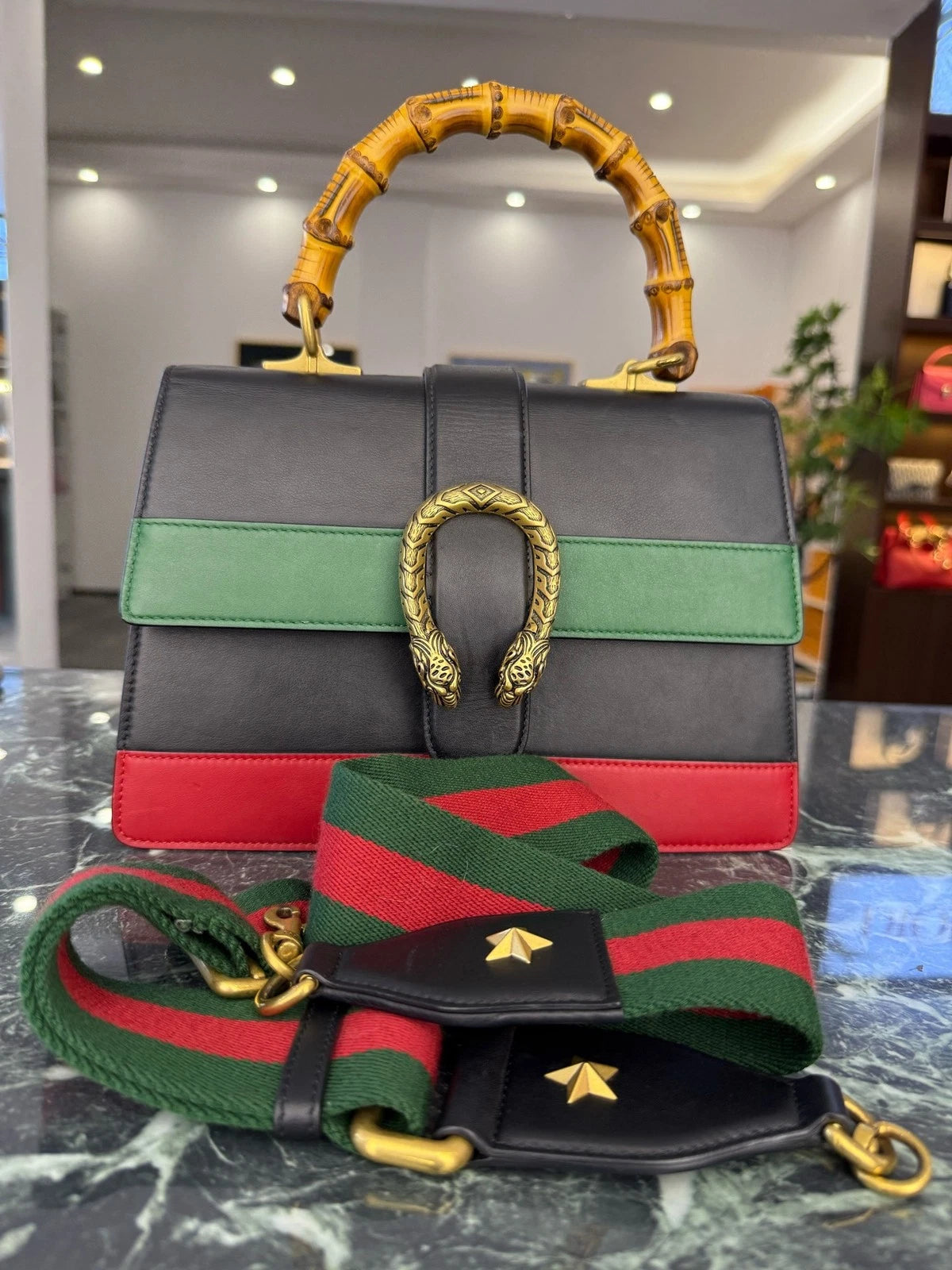 Gucci Multicolor Leather Bamboo Top Handle Handbag For Women