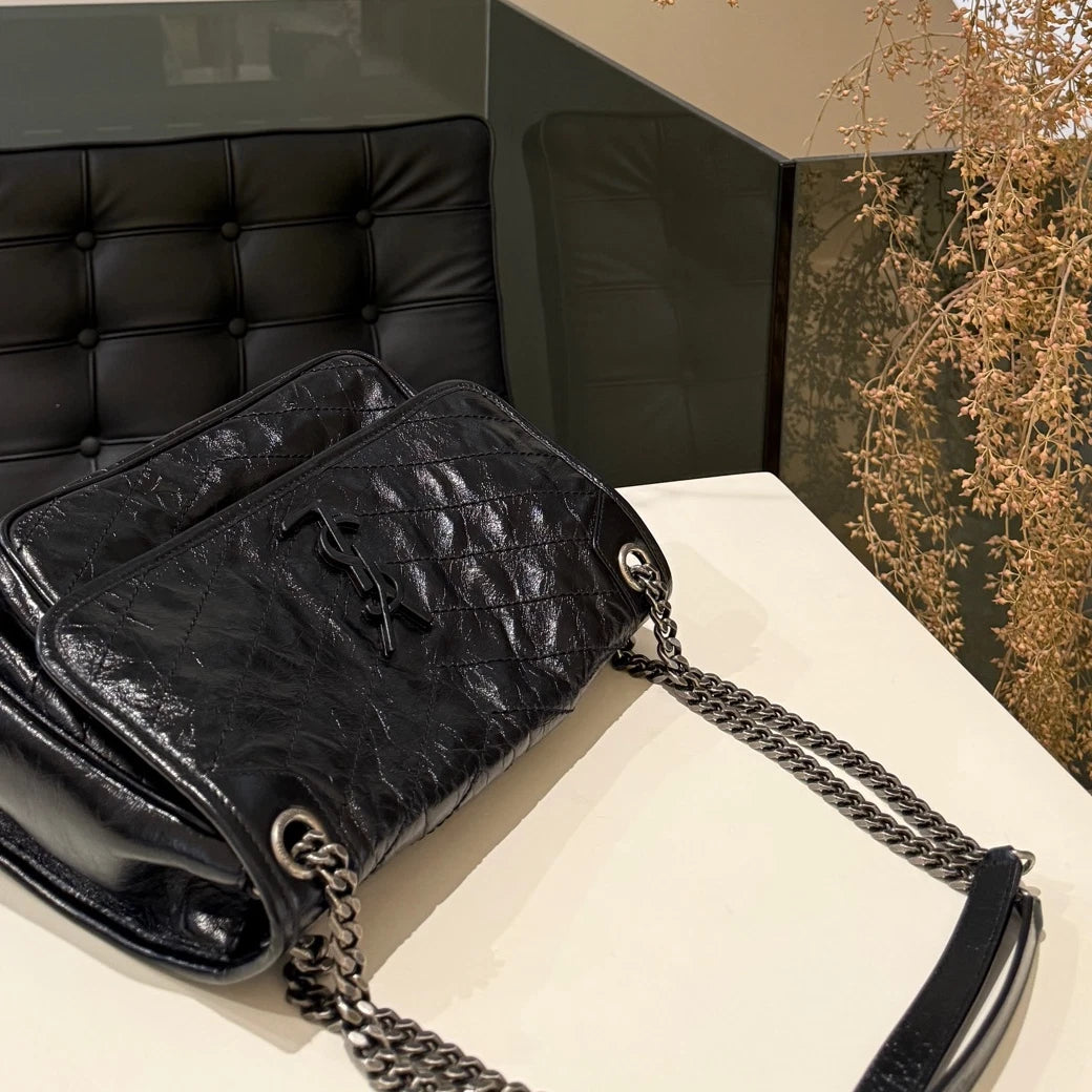 Saint Laurent YSL Niki Medium Chain Shoulder Bag Black Silver