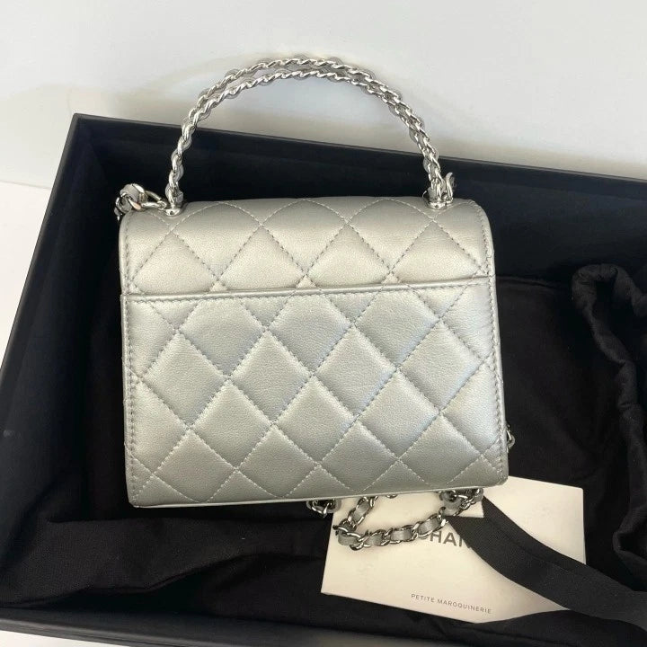 Authentic CHANEL Silver Handle Kelly Crossbody Bag For Women