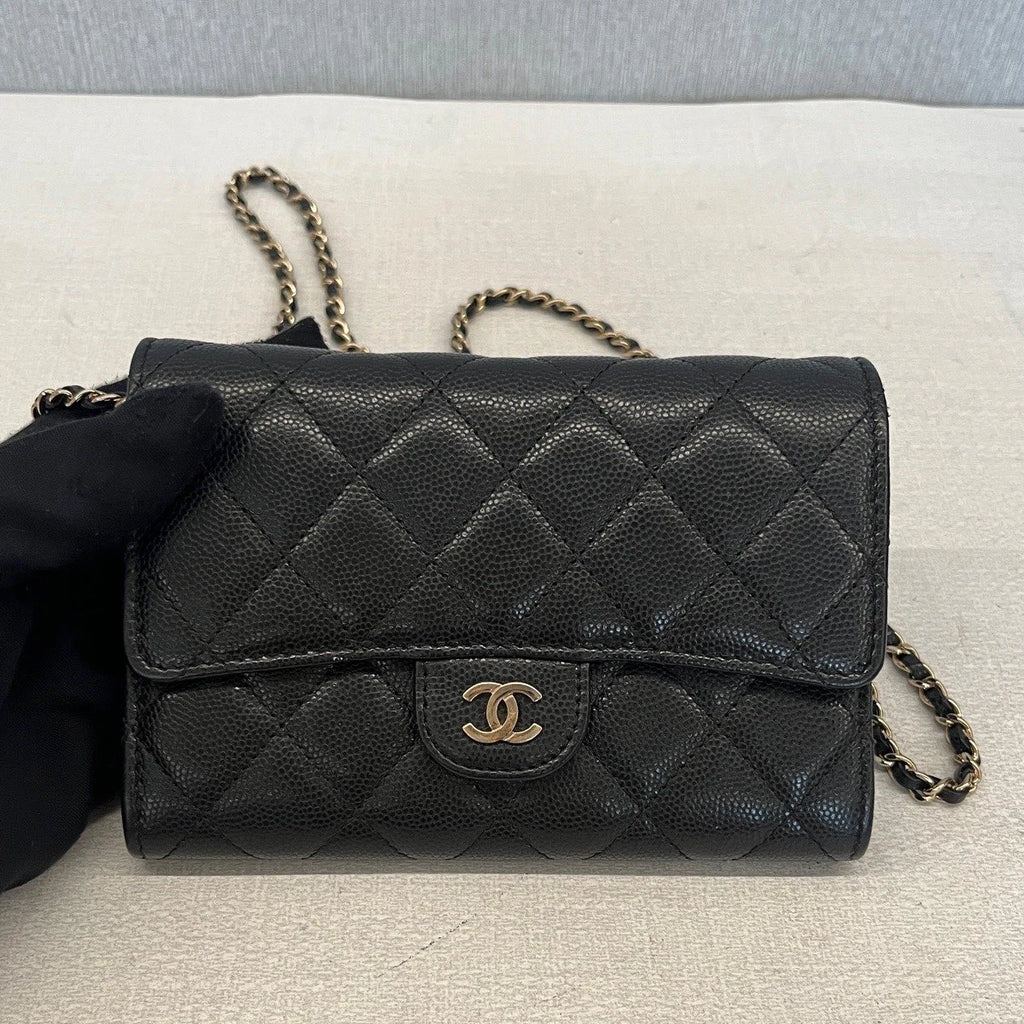 Chanel Classic Flap Calfskin Diamond Gold Chain Black Shoulder Bag Crossbody