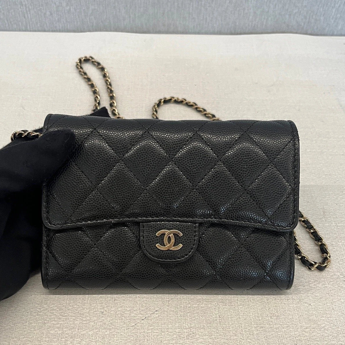 Chanel Classic Flap Calfskin Diamond Gold Chain Black Shoulder Bag Crossbody