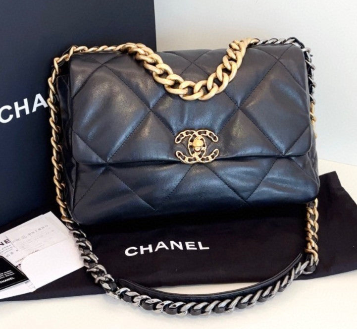 Chanel 19Bag MM Chain Top Handle Shoulder Bag Black Gold Women Classic Fashion
