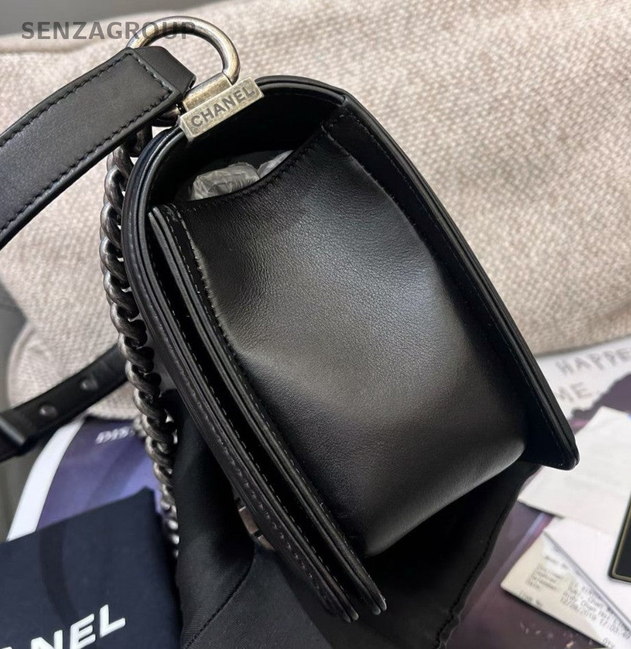 Chanel Leboy MM Calfskin Chain Crossbody Shoulder Bag Women Black Silver Diamond