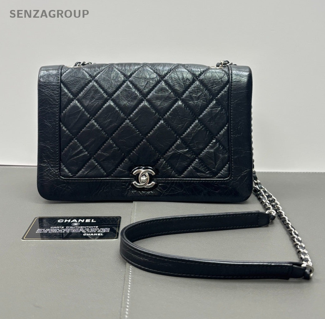 Chanel woc Oil waxed leather Diamond Pattern Chain Shoulder bag Black Silver