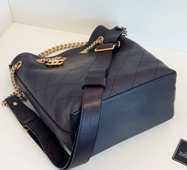 Chanel Calfskin Hobo Bag Chain Top Handle Shoulder Bag Black Gold Women Classic