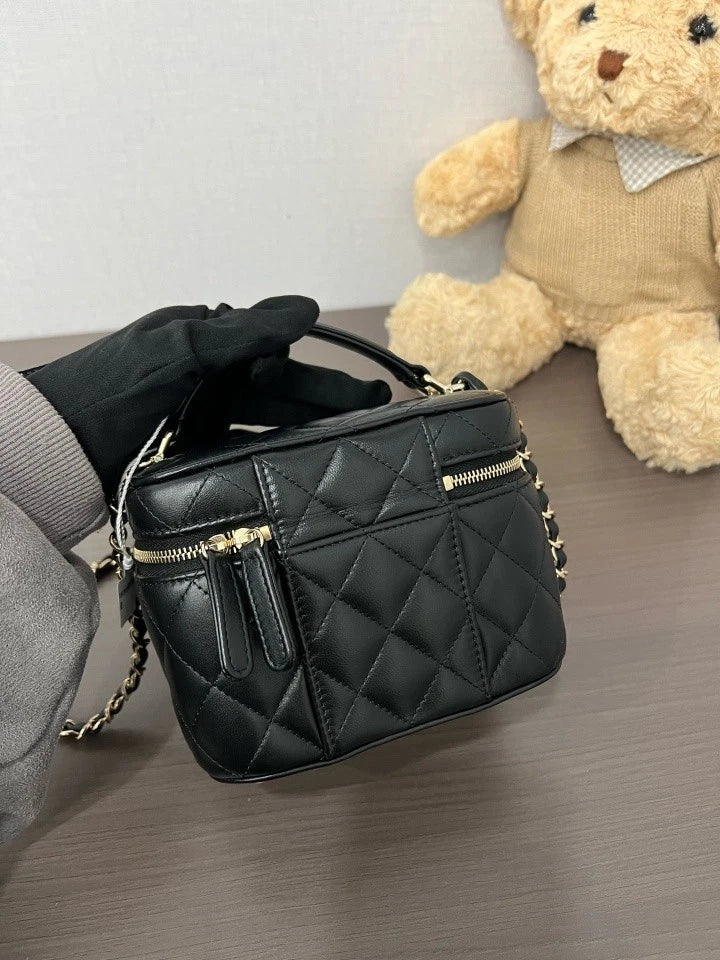 Chanel Black Gold Leather Box Crossbody Bag For Women