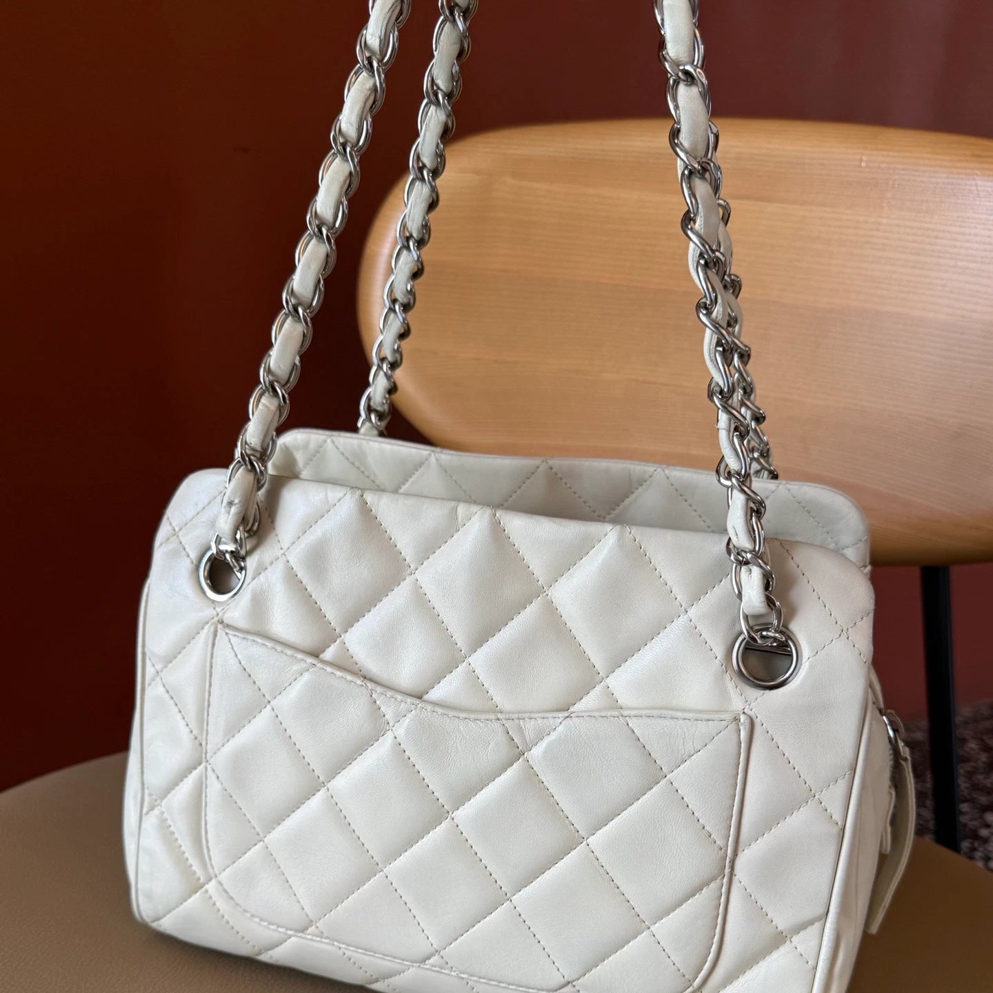 Authentic Chanel Bowling Lambskin Chain Shoulder Bag White Silver Hardware