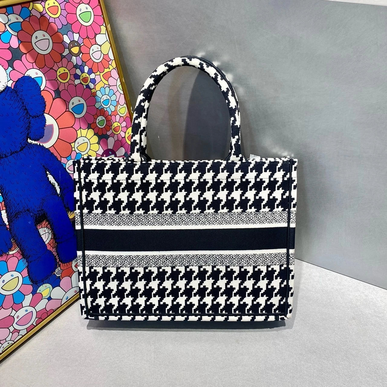 Dior Black White Houndstooth Medium Tote Top Handle Bag For Women