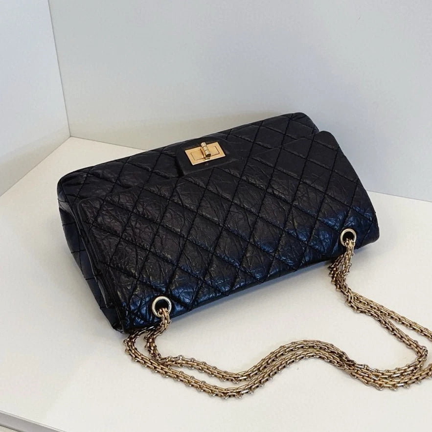 Chanel 2.55 Chain Shoulder Crossbody Black Gold Diamond Women Classic