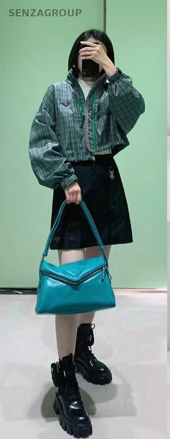 Prada Signaux Leather Puff Shoulder Crossbody Bag Lake Green Almost Brand New