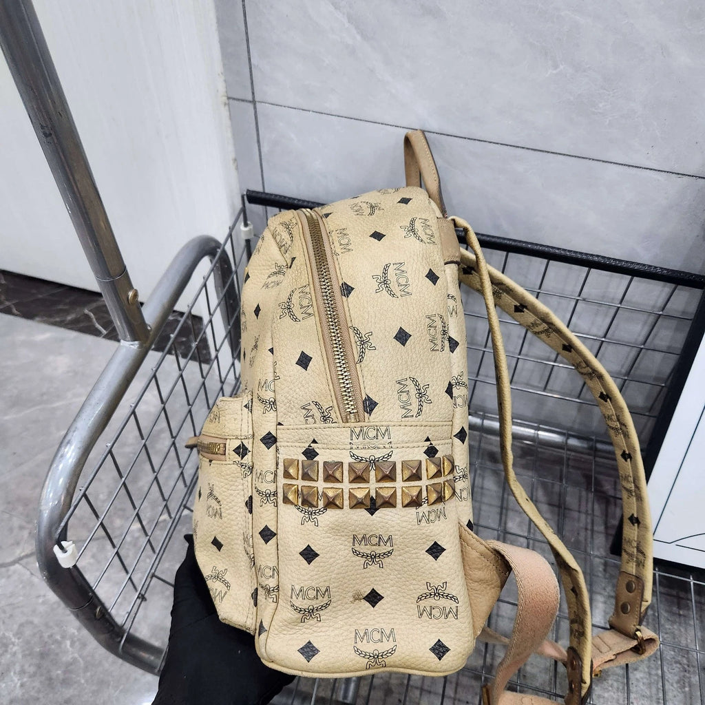 MCM Beige Monogram Studded Backpack For Women