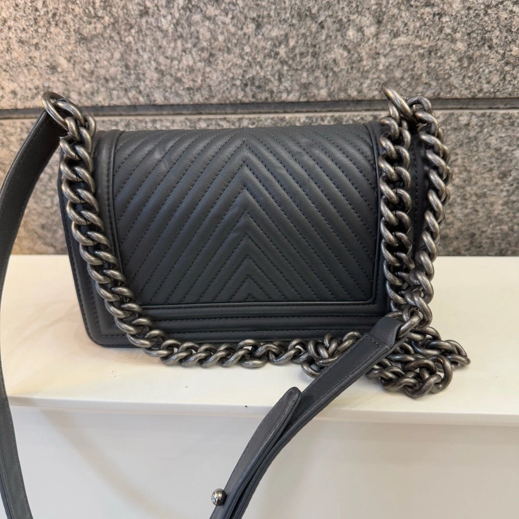 CHANEL Gray Calfskin Chevron LeBoy Small Shoulder Bag For Women