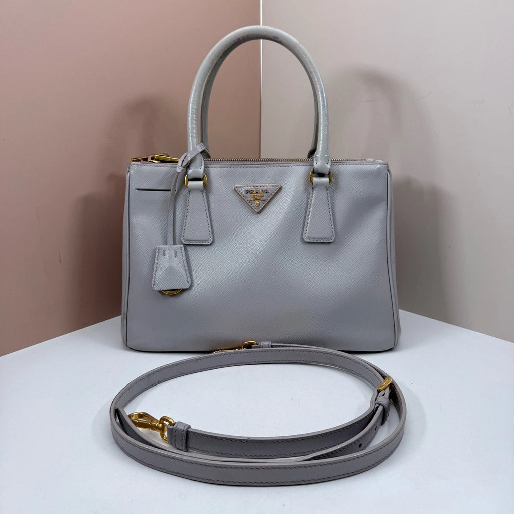 Prada Galleria 2Way Top Handle Bag Crossbody Gray Gold Used Women Classic
