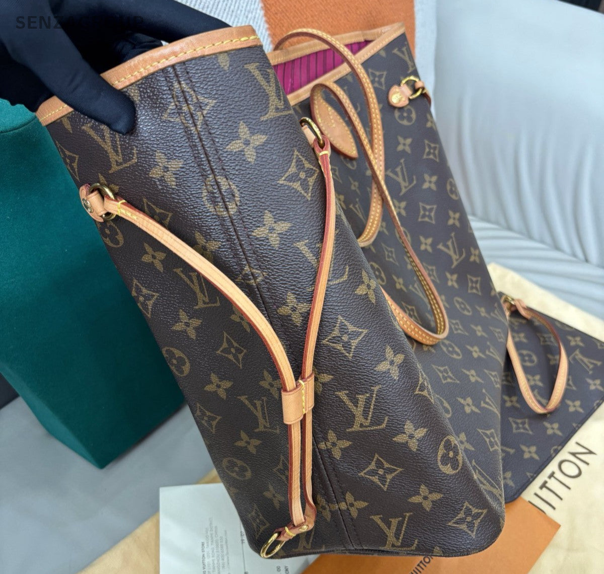 Louis Vuitton Neverfull MM Monogram Shoulder Bag Brown Red Gold Women Classic