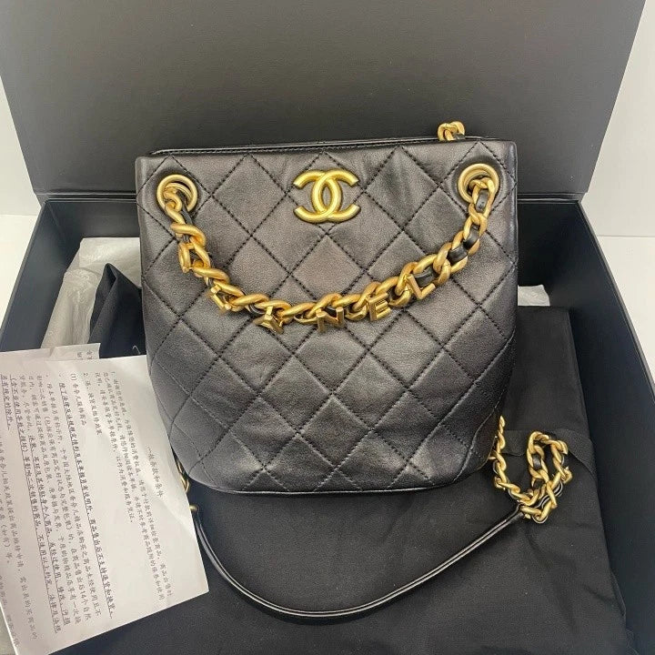 CHANEL Black Gold Lambskin Hobo Bucket Bag For Women