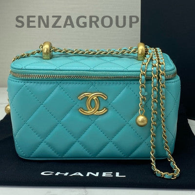 Chanel Quilted Blue Gold Leather Vanity Case Handbag Shoulder Bag
